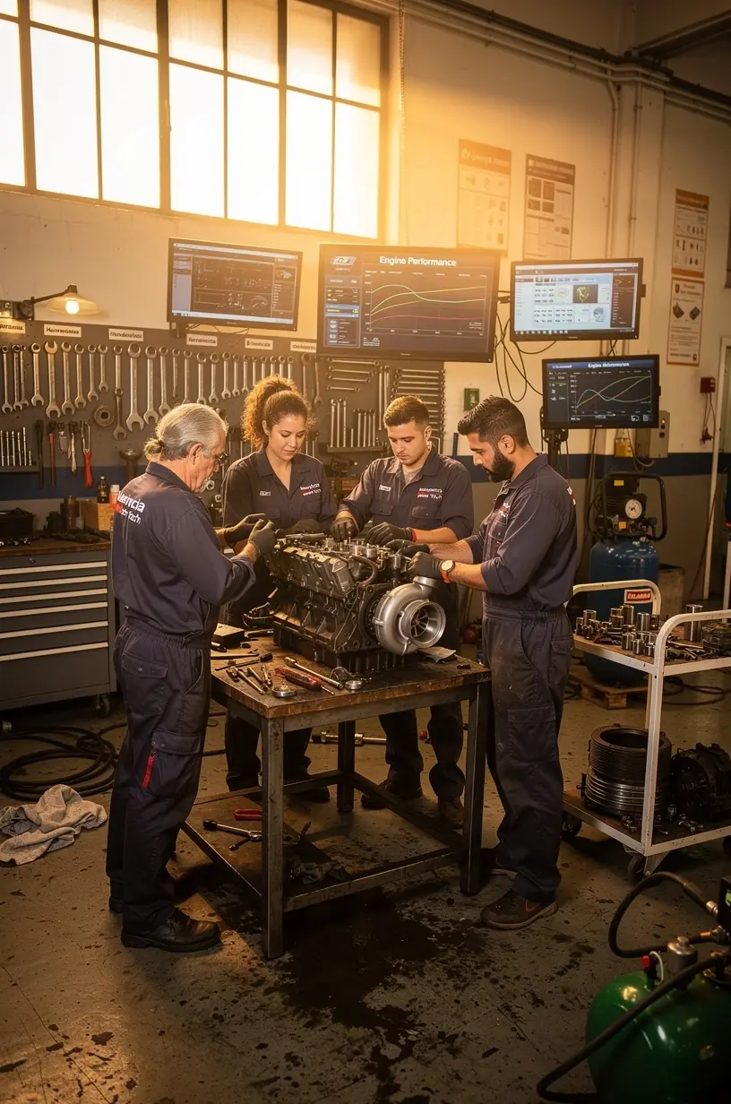 Motor desmontado en proceso de revisión completa para optimizar su rendimiento en un centro de reparación certificado.
