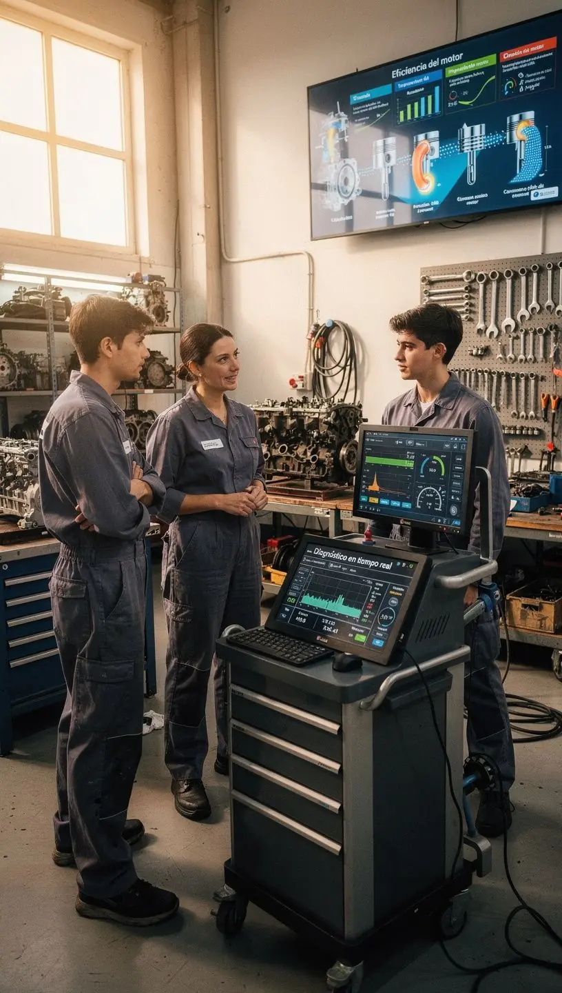 Equipo profesional ajustando componentes del motor para mejorar la eficiencia y durabilidad en un taller de reparación español.